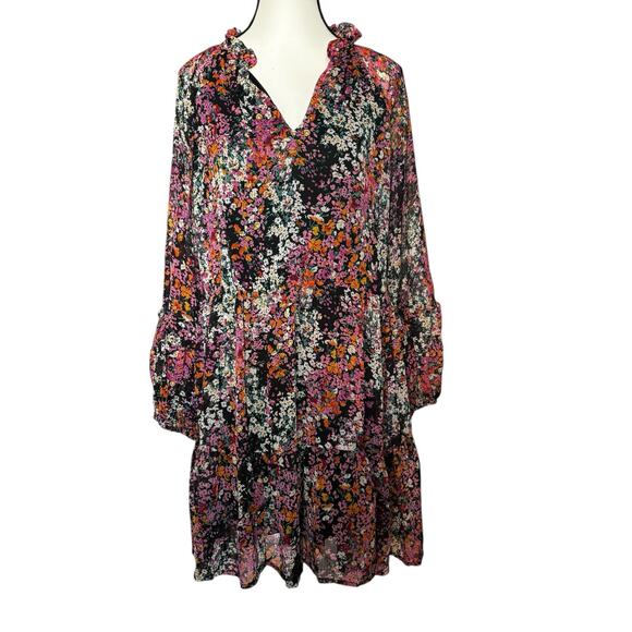 Vince Camuto Dress Womens Medium Floral Ruffle Tiered Chiffon Mini Pink Black - Picture 1 of 12